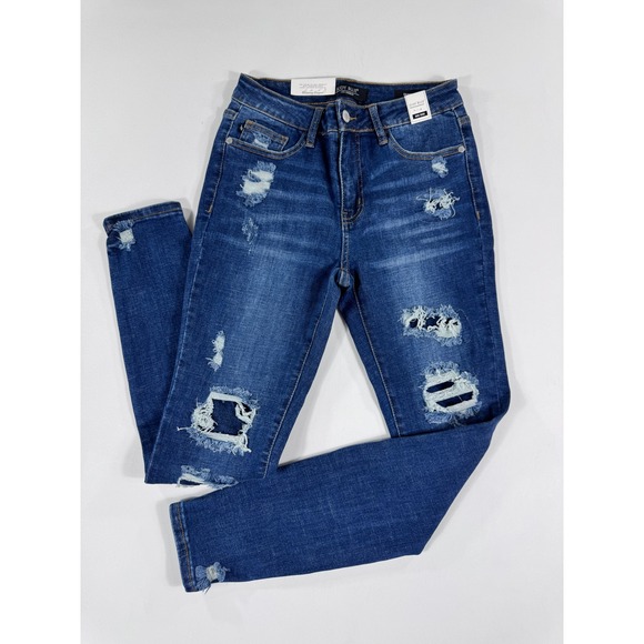 Judy Blue Denim - Judy Blue Mid Rise Skinny Fit Distressed Ripped Blue Jeans Womens Size 3/26 NWT